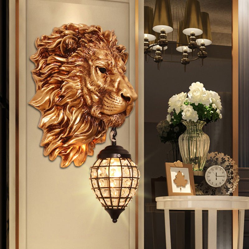 Rustic Gold Resin Lion Sconce Lighting: 1-Light Indoor Wall Lamp with Teardrop Shade