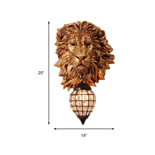 Rustic Gold Resin Lion Sconce Lighting: 1-Light Indoor Wall Lamp with Teardrop Shade