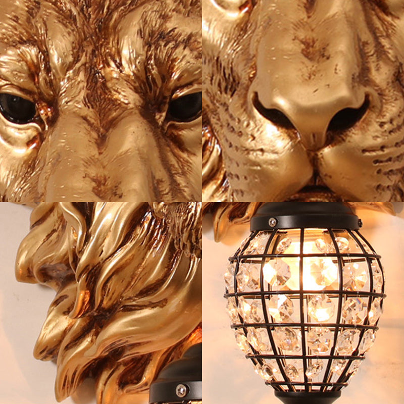 Rustic Gold Resin Lion Sconce Lighting: 1-Light Indoor Wall Lamp with Teardrop Shade