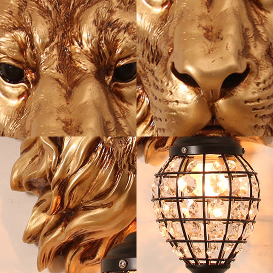 Rustic Gold Resin Lion Sconce Lighting: 1-Light Indoor Wall Lamp with Teardrop Shade