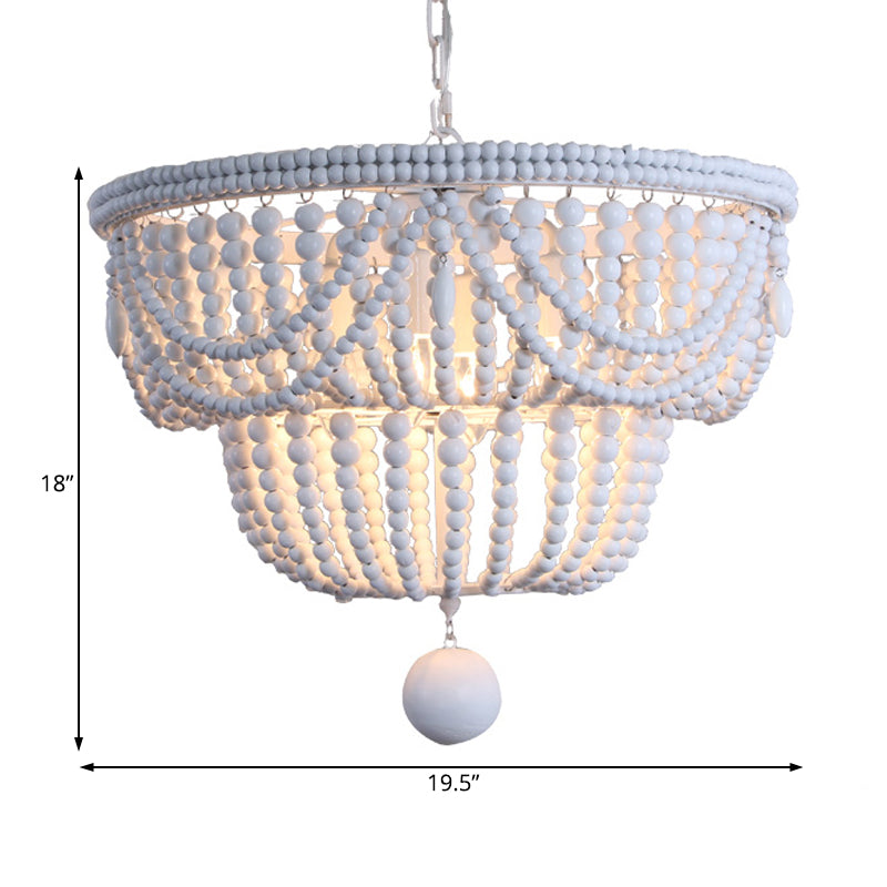 Minimalist Wood Layered Chandelier Lamp with 4 White Pendant Lights and Global Drop