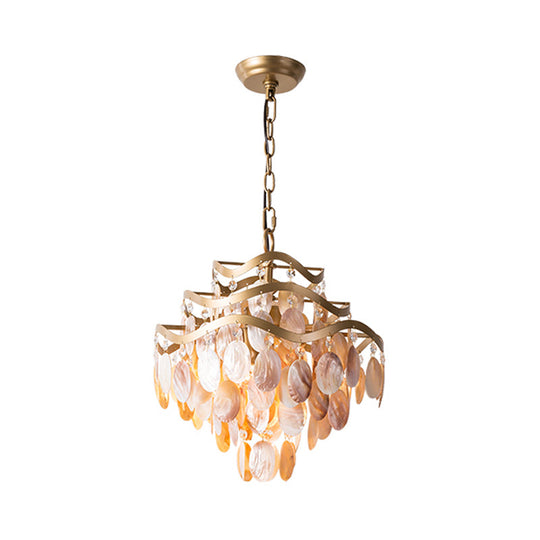 Traditional Brass 3-Tier Flower Ring Chandelier with Seashell Design, Pink Shade