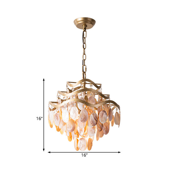 Traditional Brass 3-Tier Flower Ring Chandelier with Seashell Design, Pink Shade
