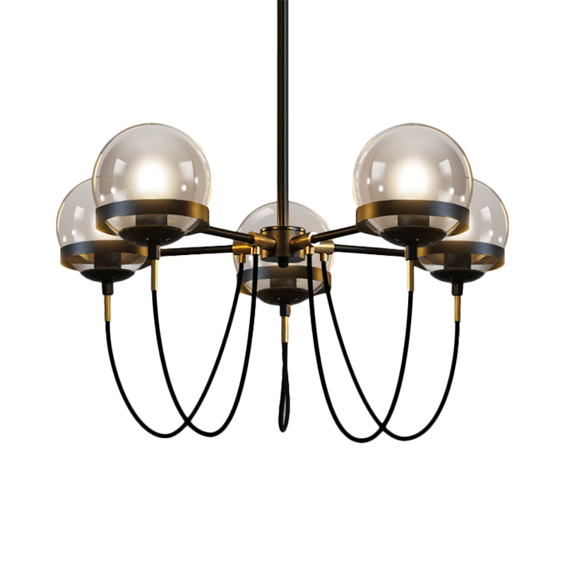 Modernist Multi-Light Pendant Chandelier: Global Clear Glass, Black/Gold, Inner Smoke Glass Ball Shade