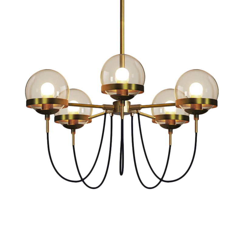 Modernist Multi-Light Pendant Chandelier: Global Clear Glass, Black/Gold, Inner Smoke Glass Ball Shade