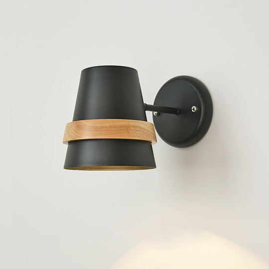 Horn-shaped Adjustable Wall Light with Minimalist Metal Design and Wood Ring Decor - 1-Light Bedside Lighting