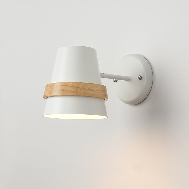 Horn-shaped Adjustable Wall Light with Minimalist Metal Design and Wood Ring Decor - 1-Light Bedside Lighting