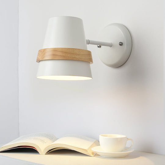 Horn-shaped Adjustable Wall Light with Minimalist Metal Design and Wood Ring Decor - 1-Light Bedside Lighting