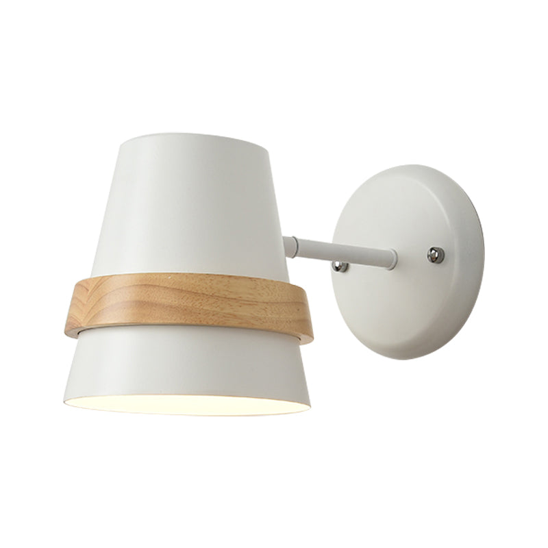Horn-shaped Adjustable Wall Light with Minimalist Metal Design and Wood Ring Decor - 1-Light Bedside Lighting