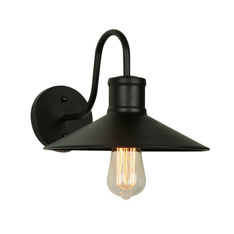 Industrial Metal Wall Sconce with Cage - Black Conical Gooseneck Design for Corridors