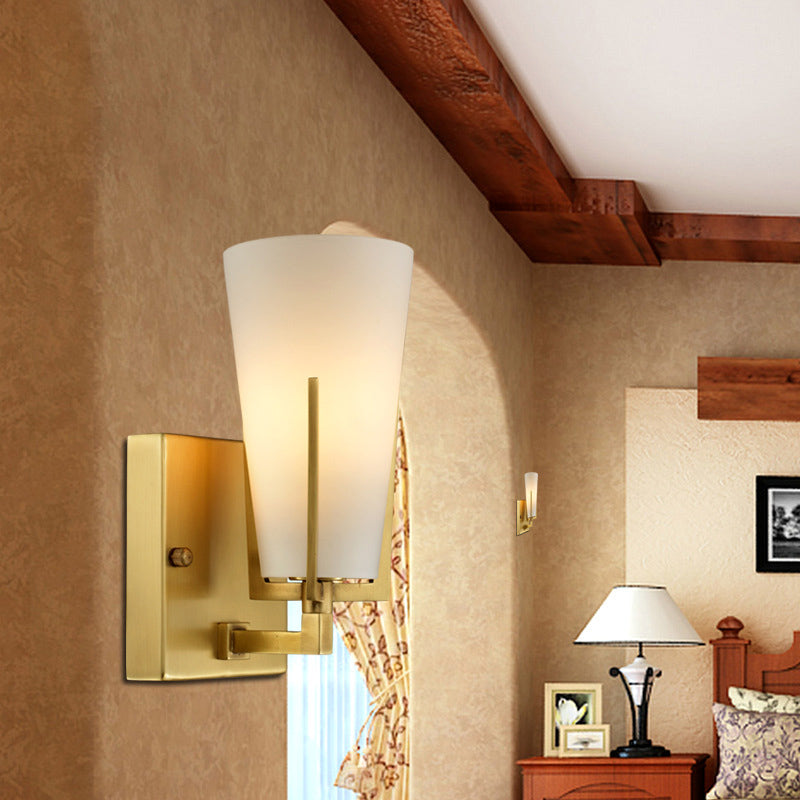 Retro Brass Wall Lamp with Frosted Glass, Conical Sconce Light for Bedroom