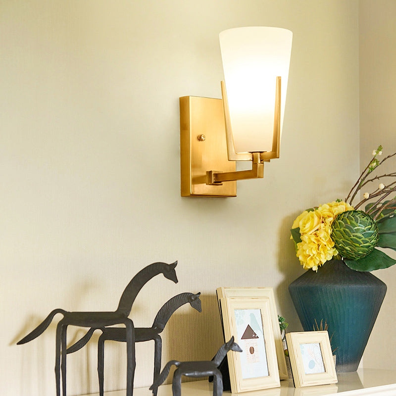 Retro Brass Wall Lamp with Frosted Glass, Conical Sconce Light for Bedroom