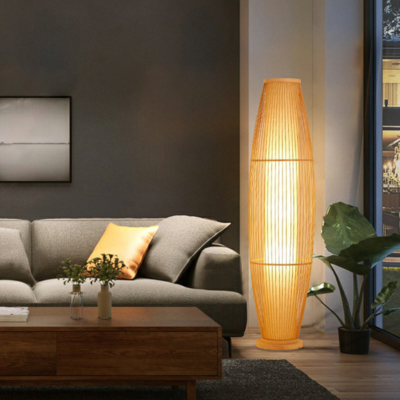 Modern Wood Floor Lamp with Oval Bamboo Cage Shade - 1-Head Living Room Light