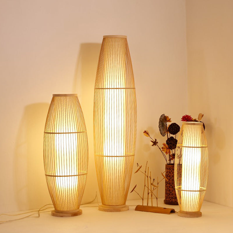 Modern Wood Floor Lamp with Oval Bamboo Cage Shade - 1-Head Living Room Light