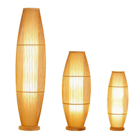 Modern Wood Floor Lamp with Oval Bamboo Cage Shade - 1-Head Living Room Light