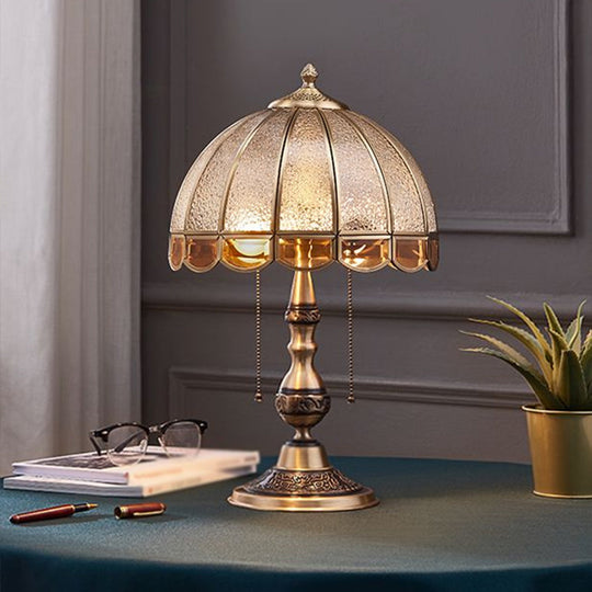 Brass Night Lamp: Traditional Dome Shade Table Light with Pull Chain and Water Glass - 1 Bulb