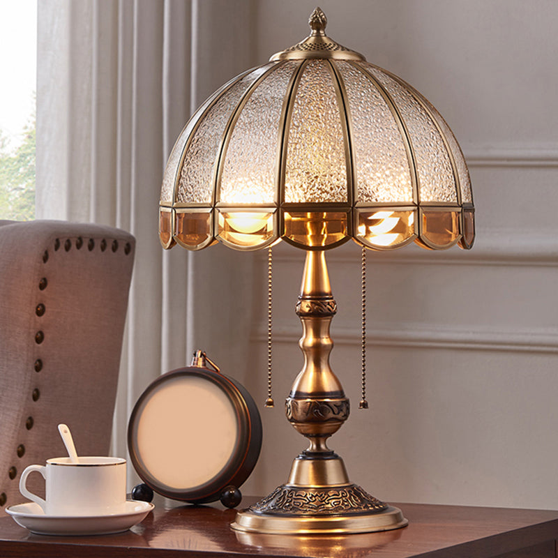 Brass Night Lamp: Traditional Dome Shade Table Light with Pull Chain and Water Glass - 1 Bulb