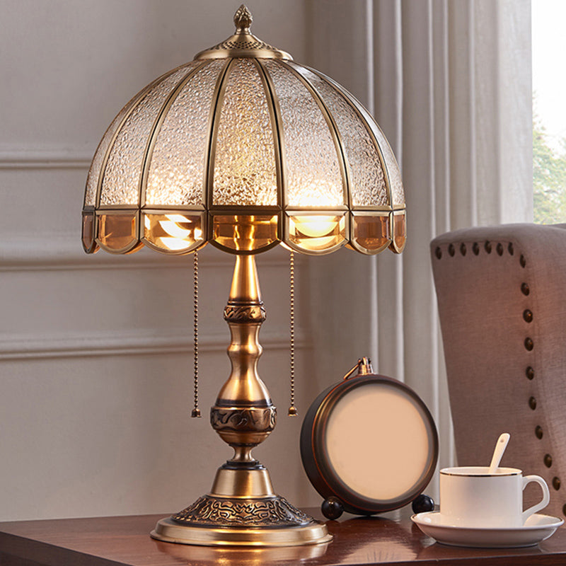 Brass Night Lamp: Traditional Dome Shade Table Light with Pull Chain and Water Glass - 1 Bulb