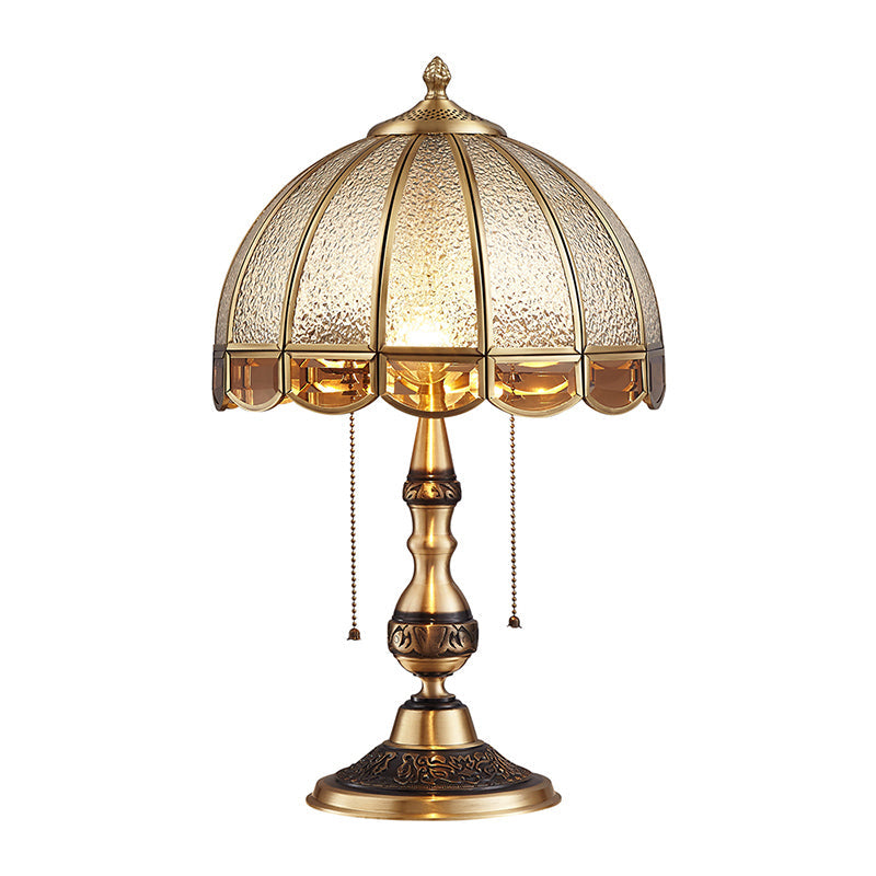 Brass Night Lamp: Traditional Dome Shade Table Light with Pull Chain and Water Glass - 1 Bulb