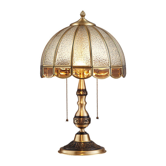 Brass Night Lamp: Traditional Dome Shade Table Light with Pull Chain and Water Glass - 1 Bulb