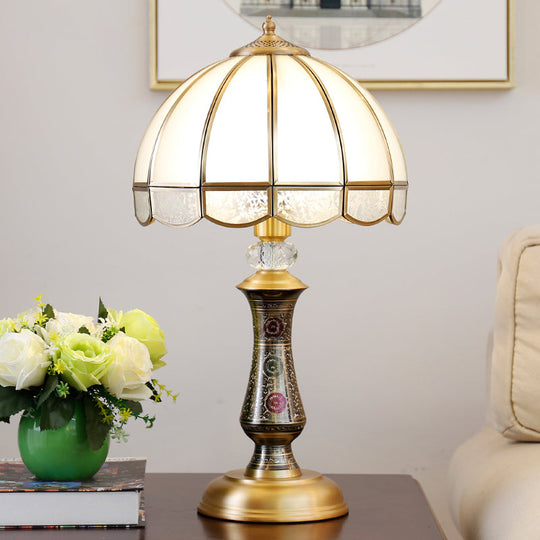Traditional Brass Nightstand Lamp with Opal Glass & Scalloped Trim - Single Dome Design