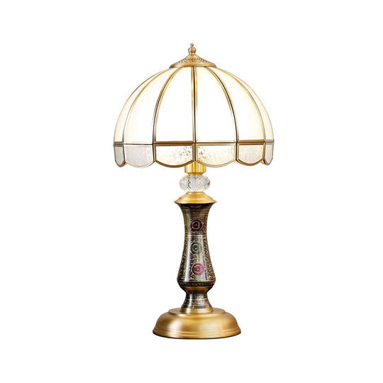 Traditional Brass Nightstand Lamp with Opal Glass & Scalloped Trim - Single Dome Design