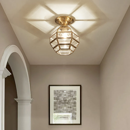 Vintage Gold Six-Sided Flush Mount Ceiling Light with Clear Glass Pane