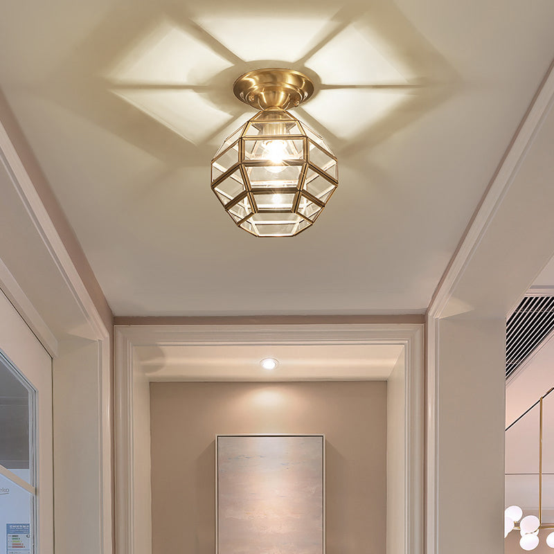 Vintage Gold Six-Sided Flush Mount Ceiling Light with Clear Glass Pane
