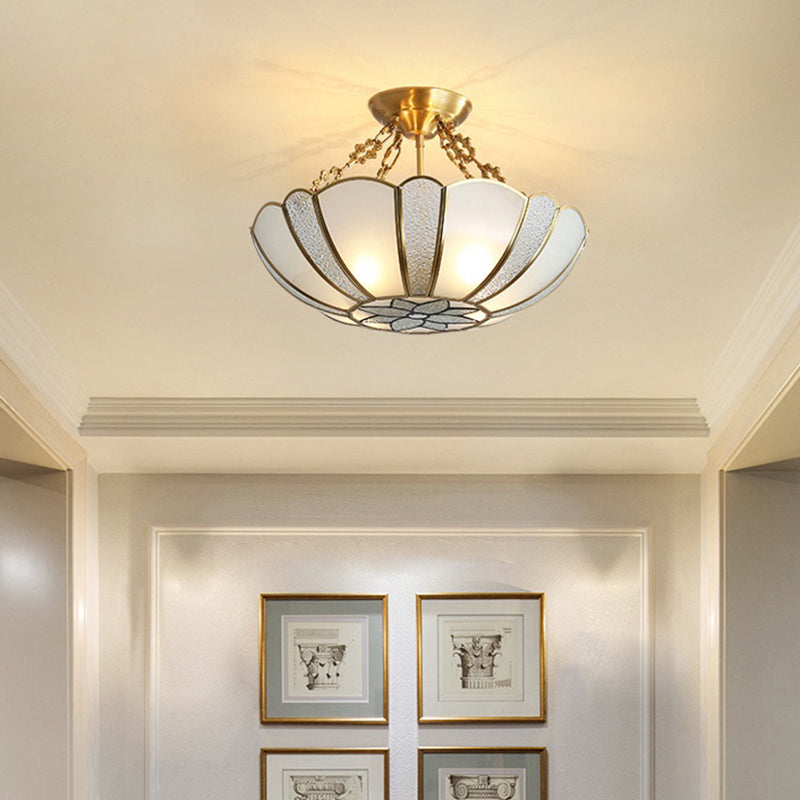 Colonial Style 4-Light Brass Chandelier with Textured White Glass - Dining Room Pendant Light