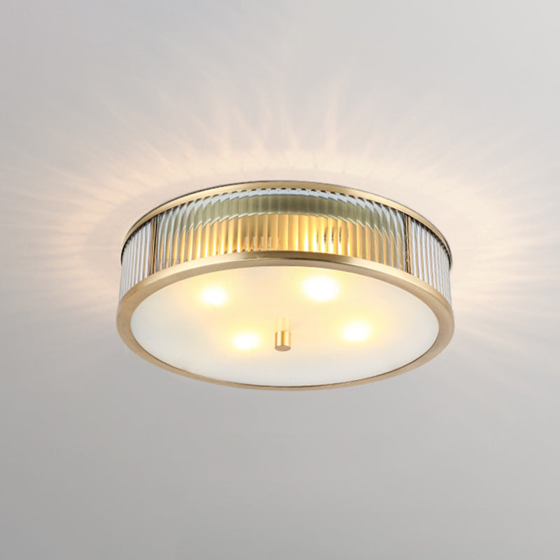 Modern Brass Flush Mount Ceiling Light – Simplicity Drum Shape, Ribbed Clear Glass for Bedroom