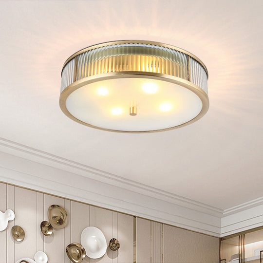 Modern Brass Flush Mount Ceiling Light – Simplicity Drum Shape, Ribbed Clear Glass for Bedroom