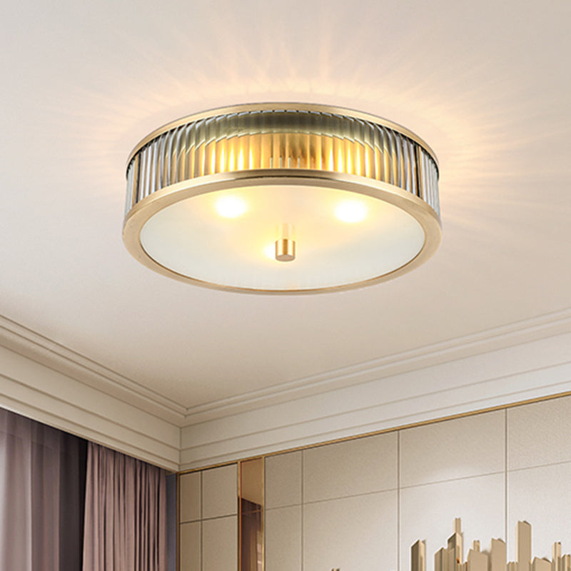 Modern Brass Flush Mount Ceiling Light – Simplicity Drum Shape, Ribbed Clear Glass for Bedroom