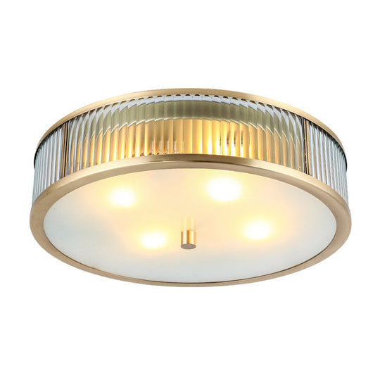Modern Brass Flush Mount Ceiling Light – Simplicity Drum Shape, Ribbed Clear Glass for Bedroom
