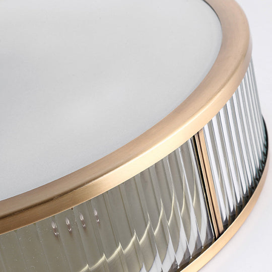 Modern Brass Flush Mount Ceiling Light – Simplicity Drum Shape, Ribbed Clear Glass for Bedroom
