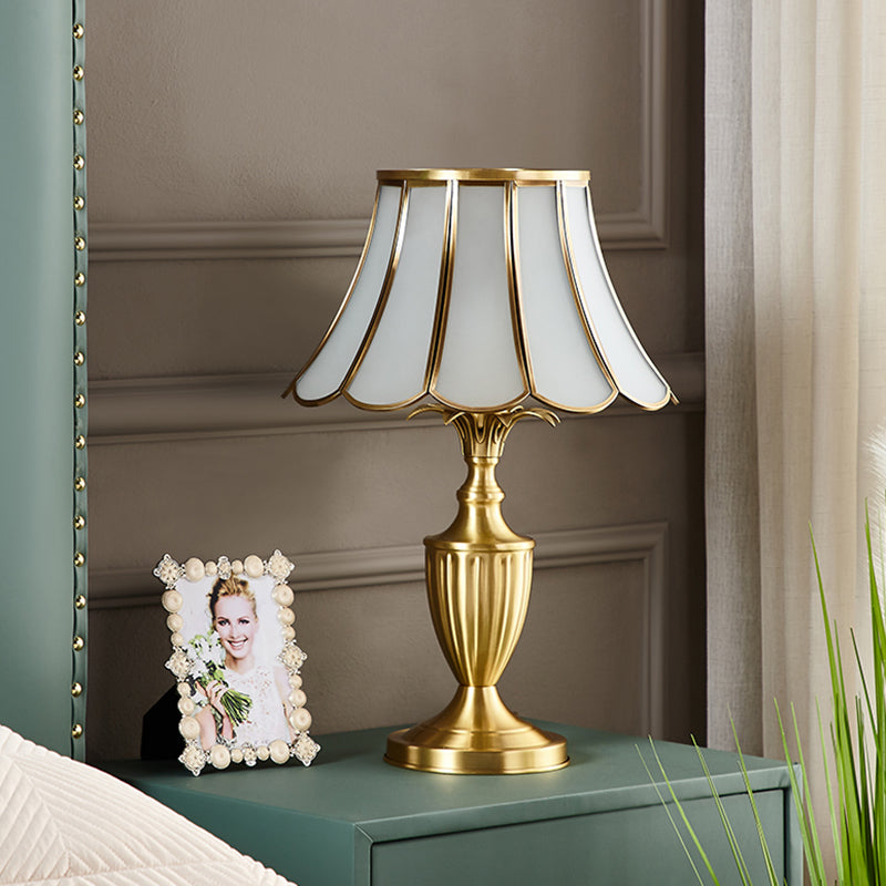 Colonial Style Brass Scalloped Nightstand Lamp with Opaque Glass - Ideal for Single Bedroom Nightstands