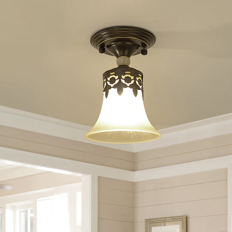 Trumpet Flare Beige Glass Semi-Flush Mount Ceiling Light for Foyer Décor