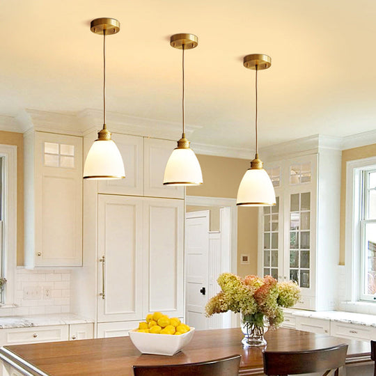 Simple Style Opal Glass Brass Pendant Lamp –  Bell Shade Hanging Light for Dining Room