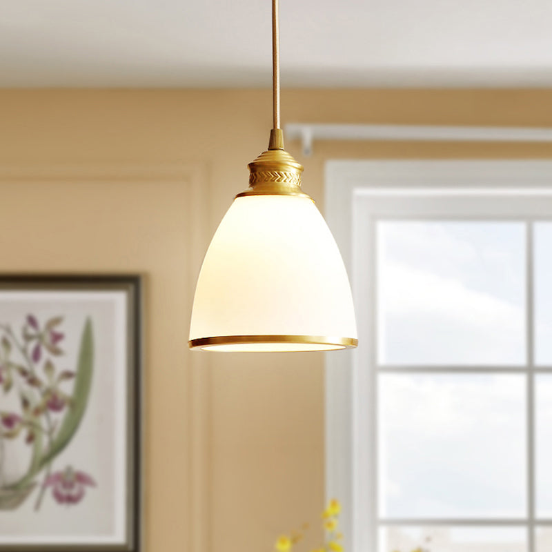 Simple Style Opal Glass Brass Pendant Lamp –  Bell Shade Hanging Light for Dining Room