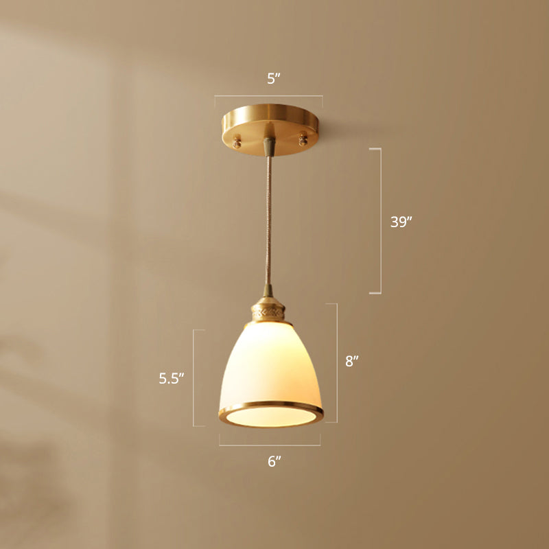 Simple Style Opal Glass Brass Pendant Lamp –  Bell Shade Hanging Light for Dining Room