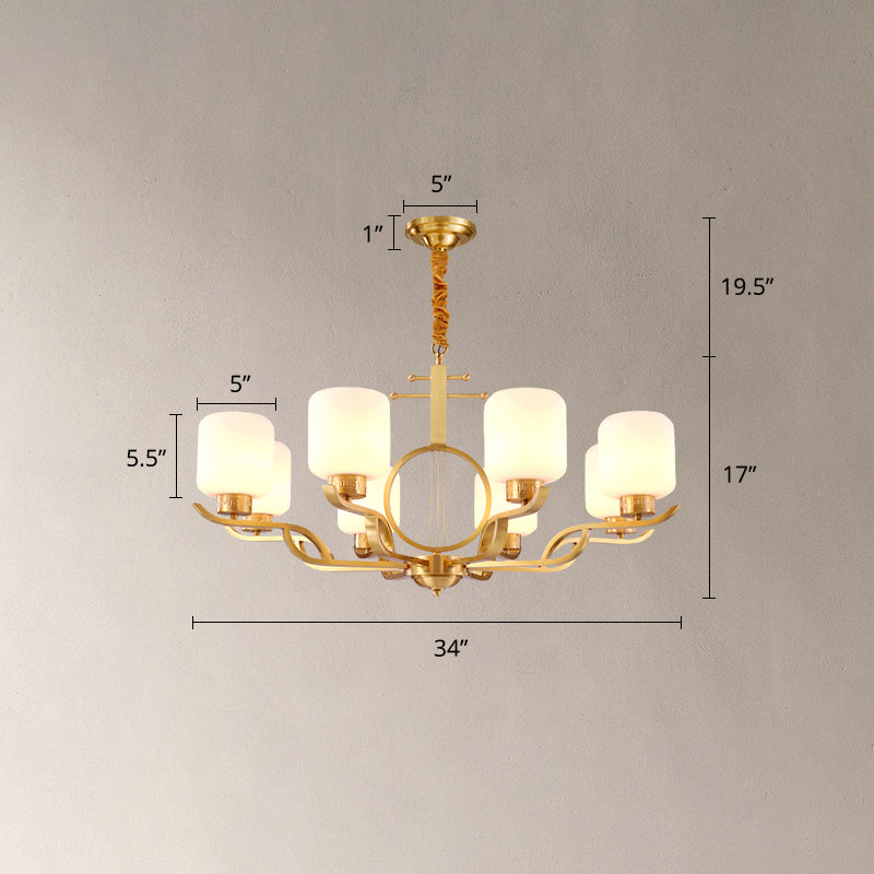 Brass Cylinder Milk Glass Chandelier Pendant Light for Traditional Living Rooms