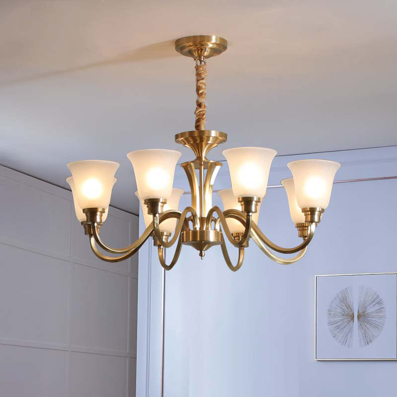Vintage Brass Pendant Chandelier with Frosted Glass for Flared Stair Ceilings