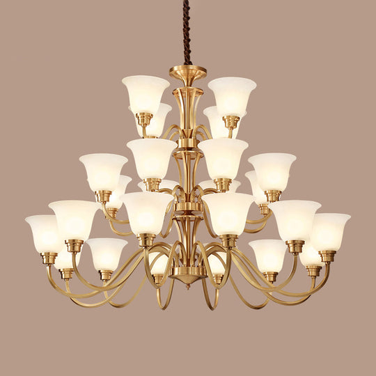 Vintage Brass Pendant Chandelier with Frosted Glass for Flared Stair Ceilings