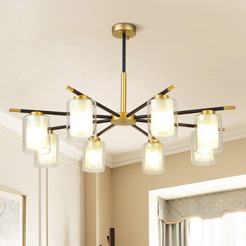 Minimalist Black-Brass Suspension Lamp: Clear + Frosted Cylinder Design for Dining Room Chandelier