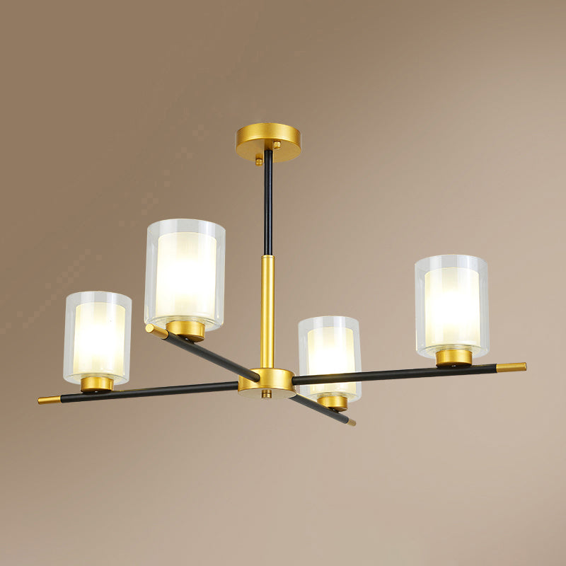 Minimalist Black-Brass Suspension Lamp: Clear + Frosted Cylinder Design for Dining Room Chandelier