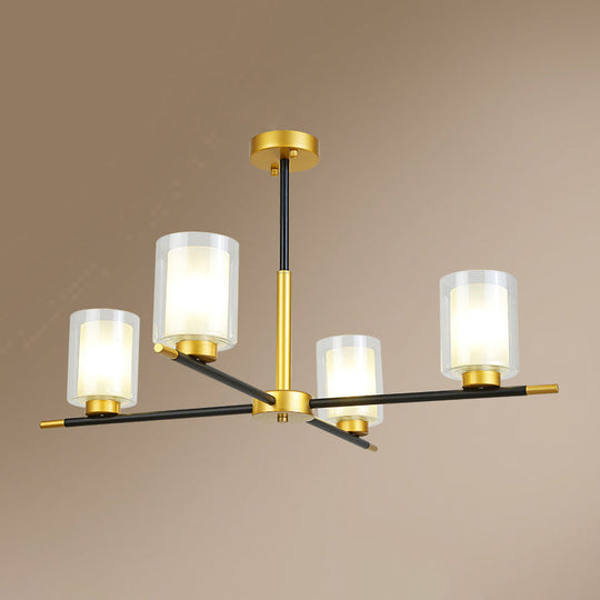 Minimalist Black-Brass Suspension Lamp: Clear + Frosted Cylinder Design for Dining Room Chandelier