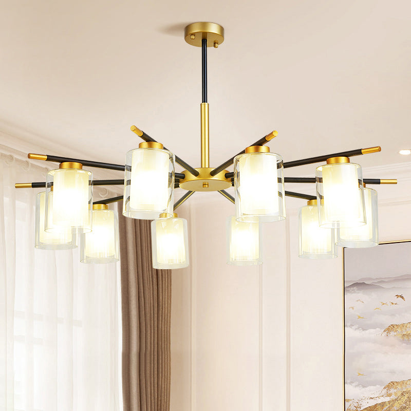 Minimalist Black-Brass Suspension Lamp: Clear + Frosted Cylinder Design for Dining Room Chandelier
