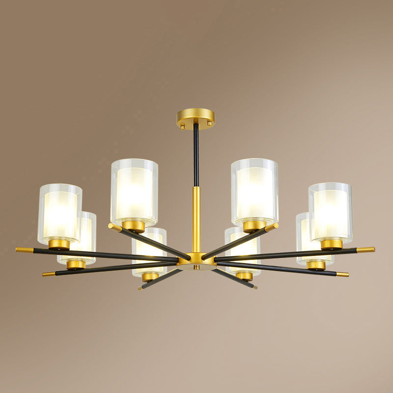 Minimalist Black-Brass Suspension Lamp: Clear + Frosted Cylinder Design for Dining Room Chandelier