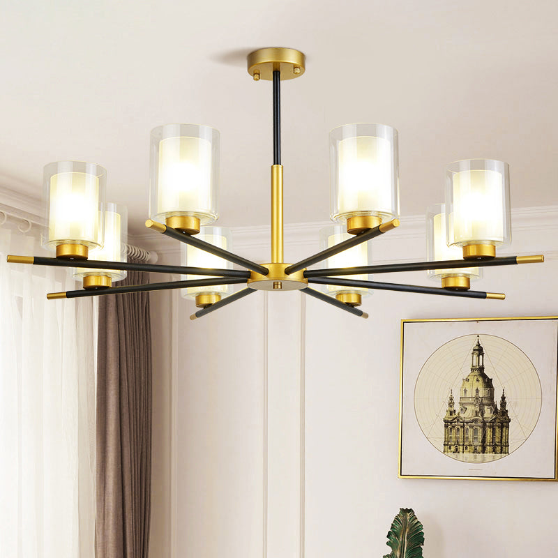 Minimalist Black-Brass Suspension Lamp: Clear + Frosted Cylinder Design for Dining Room Chandelier