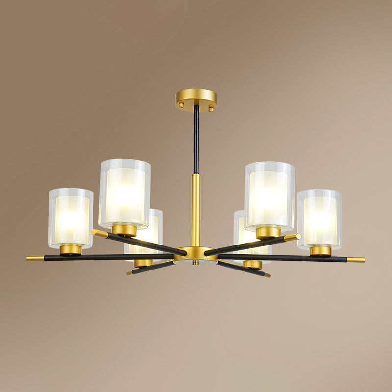 Minimalist Black-Brass Suspension Lamp: Clear + Frosted Cylinder Design for Dining Room Chandelier