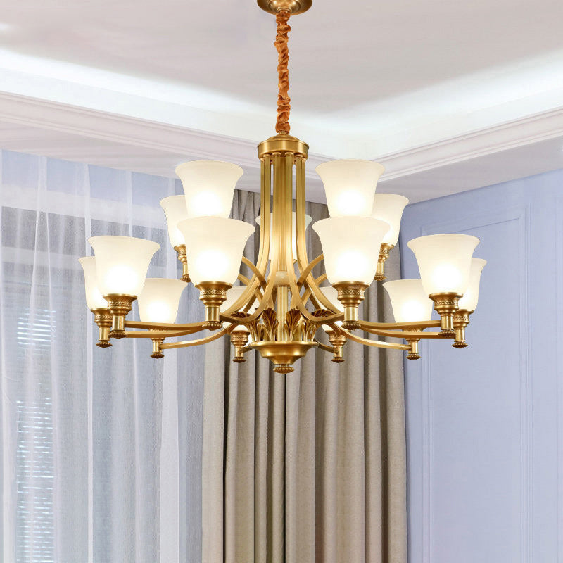 Antique Style Opaline Glass Bedroom Chandelier with Brass Flared Design